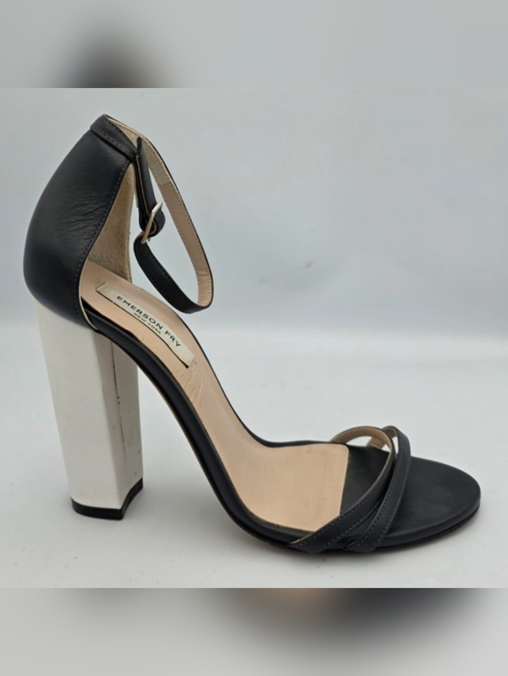 Emerson Fry Thin Double Strap Colorblock Black Leather White Block Heel, Size 37